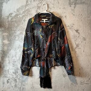 Elegant HUTCH Black Cranes Patterned Women's Top